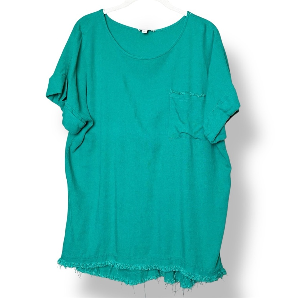 Entro Linen‎ Blend Teal Tunic Top large relaxed pocket short sleeves boho frayed